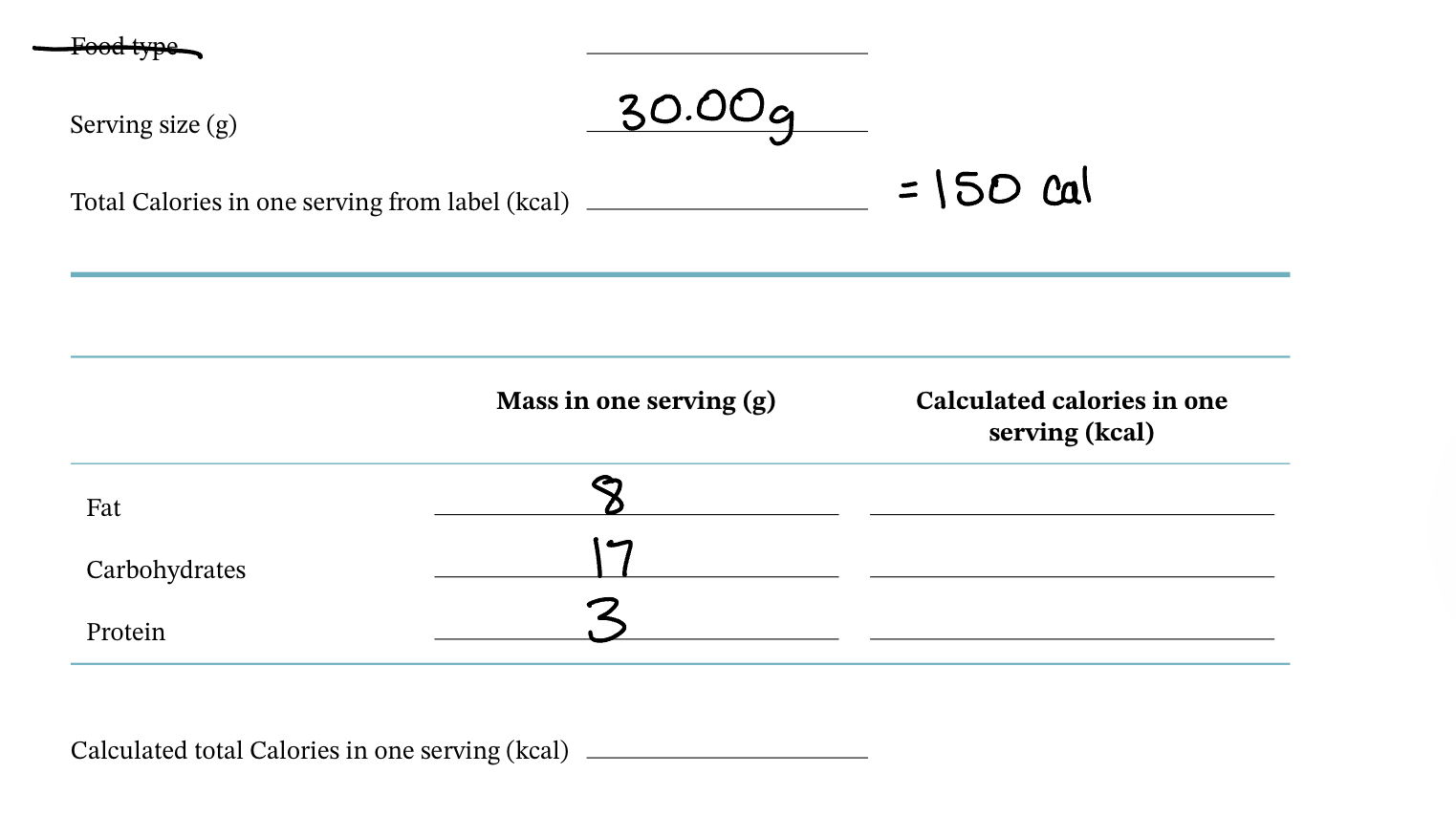 Solved Calculated total Calories in one serving (kcal) | Chegg.com