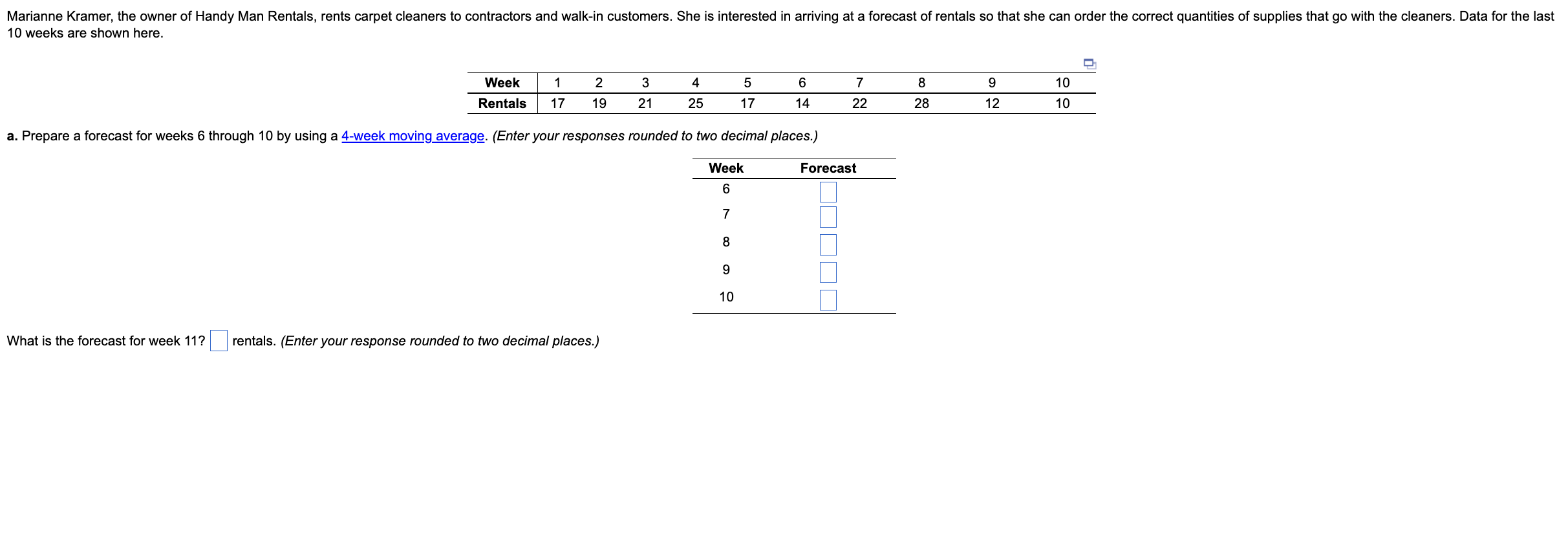 Solved What is the forecast for week 11? rentals. (Enter