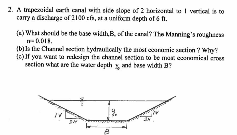 2. A trapezoidal earth canal with side slope of 2
