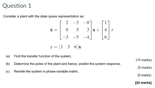 Solved Question 1 Consider a plant with the state space | Chegg.com