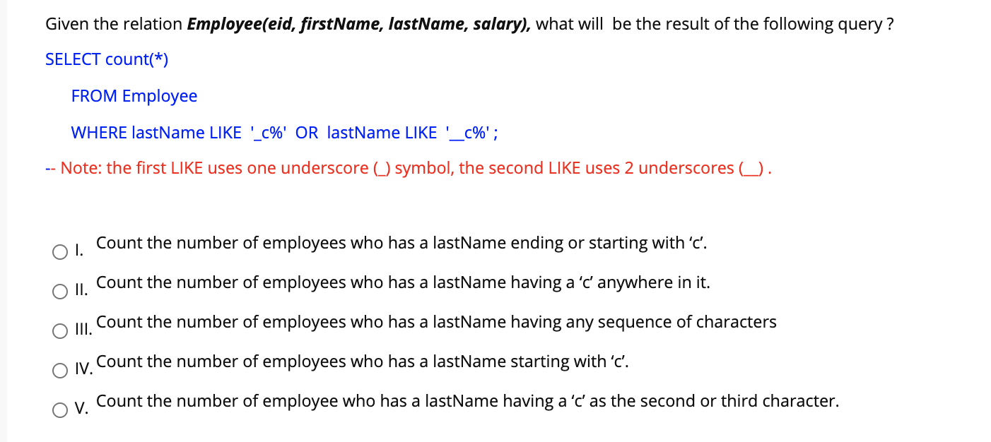 Solved Given the relation Employee(eid, firstName, lastName, | Chegg.com