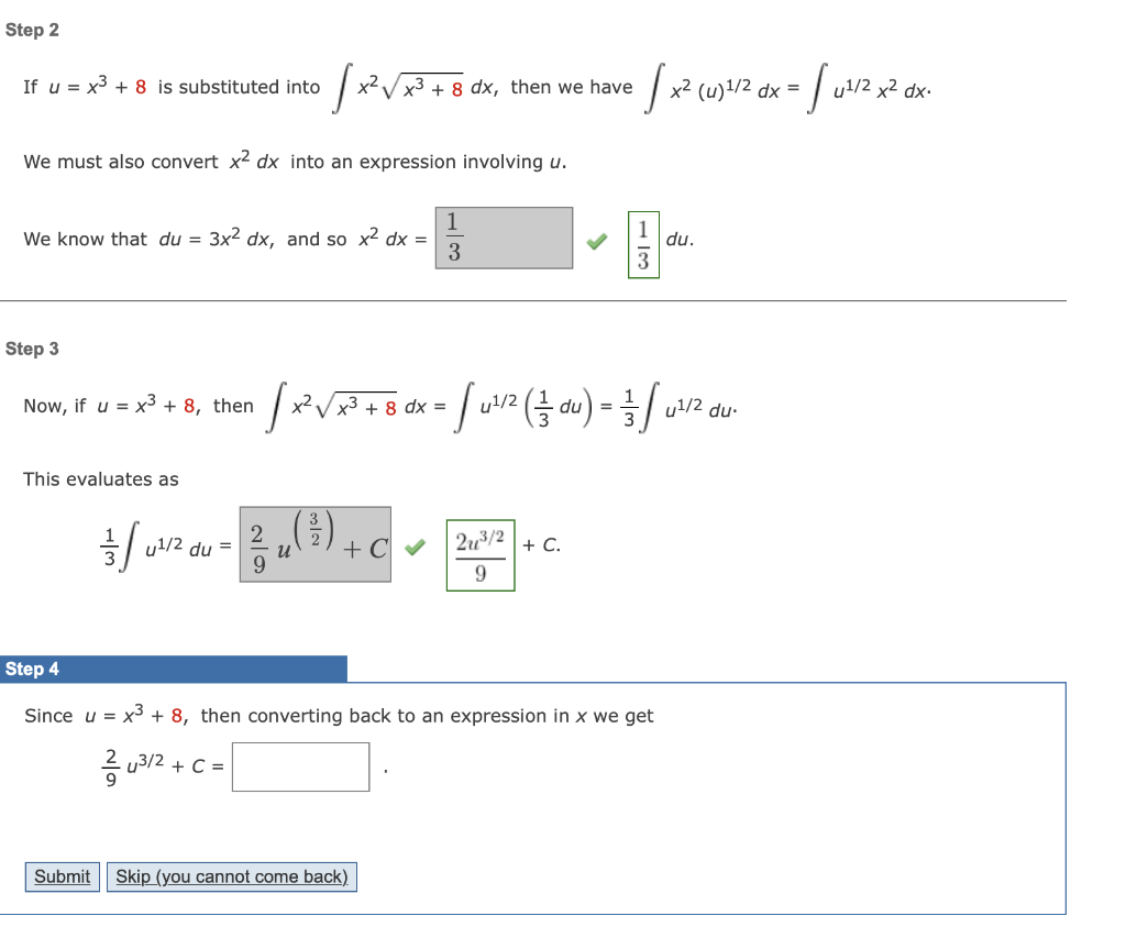 Solved Step 2 If u = x3 + 8 is substituted into x2 V x3 + | Chegg.com