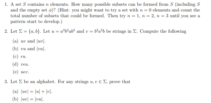 Solved 1. A Set S Contains N Elements. How Many Possible | Chegg.com