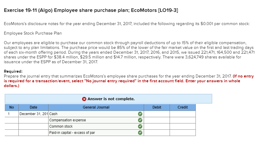 Solved Exercise 19-11 (Algo) Employee share purchase plan; | Chegg.com