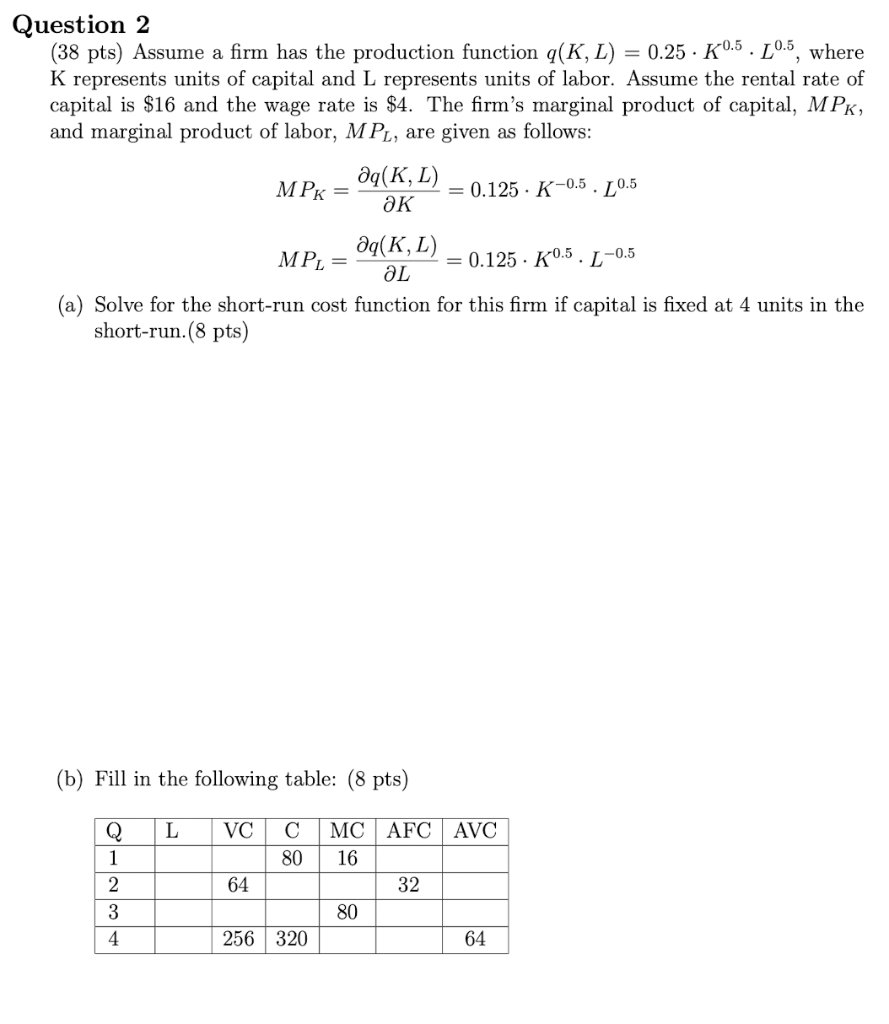 Solved Question 2 (38 pts) Assume a firm has the production | Chegg.com