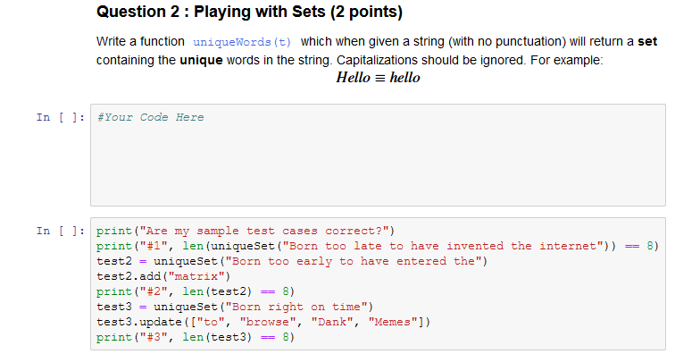 Solved Question 2: Playing with Sets (2 points) Write a | Chegg.com