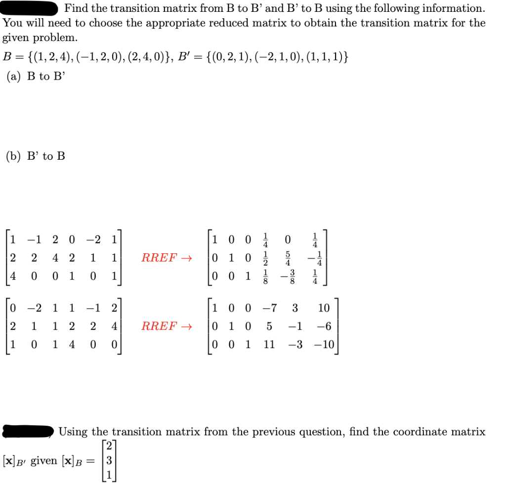 Solved Find The Transition Matrix From B To B' And B' To B | Chegg.com