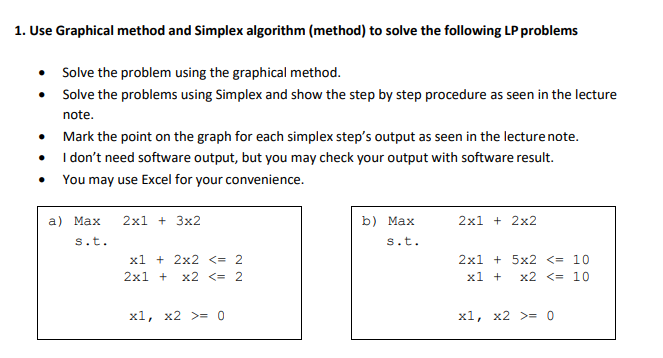 Solved 1. Use Graphical method and Simplex algorithm | Chegg.com