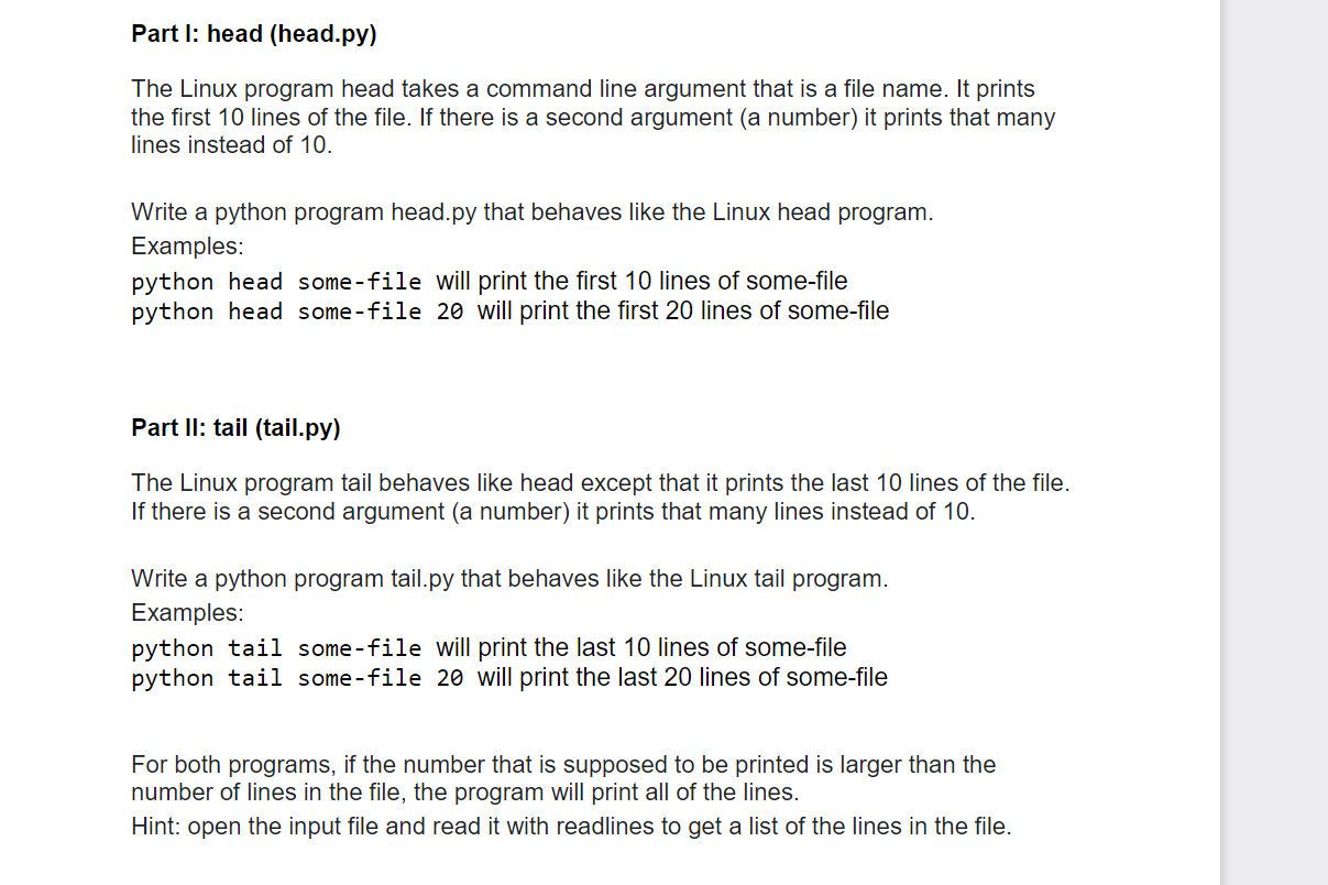Solved Part I: head (head.py) The Linux program head takes a | Chegg.com