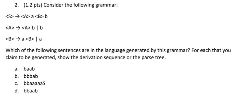 Solved 2. (1.2 pts) Consider the following grammar: | Chegg.com