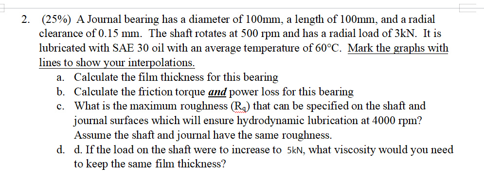 Solved 2. (25%) A Journal bearing has a diameter of 100mm, a | Chegg.com