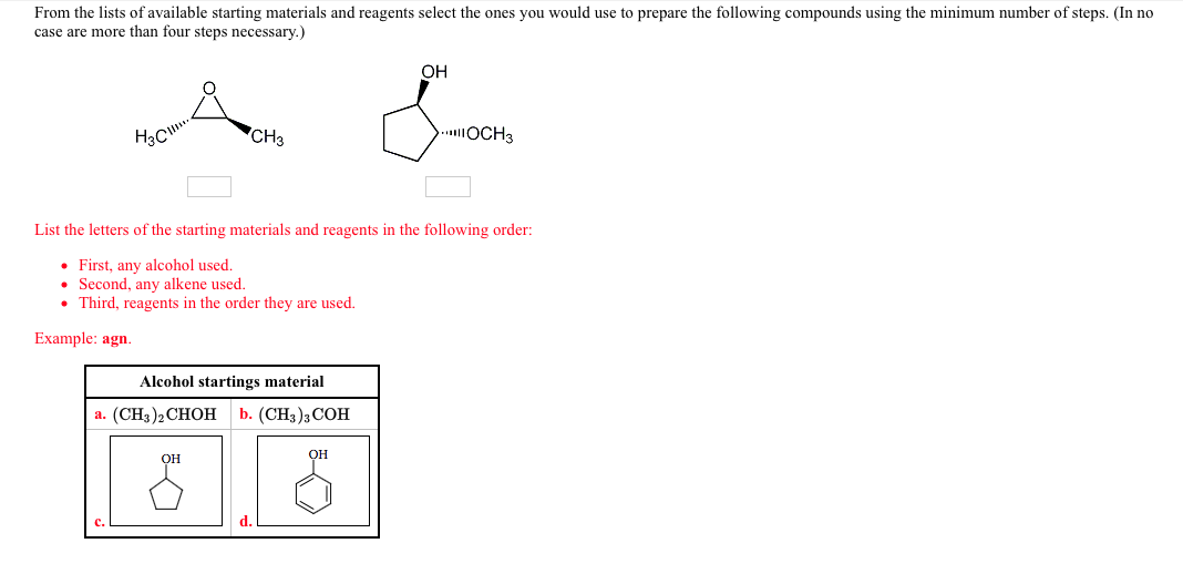 Solved From the lists of available starting materials and