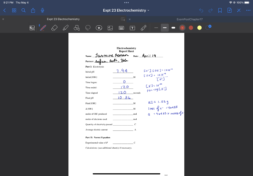 9:21 PM Thu May 4 [1] 0 Expt 23 Electrochemistry Expt | Chegg.com