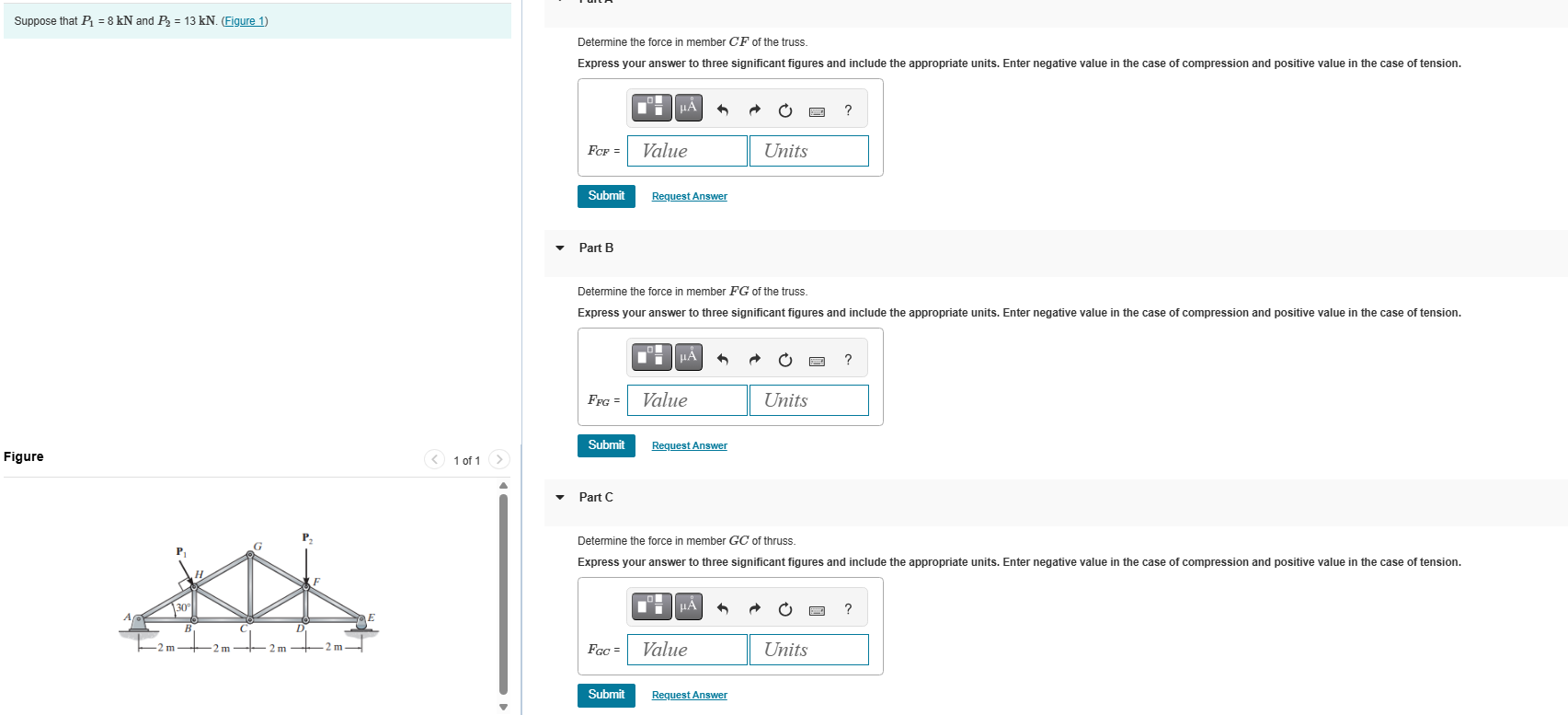 Solved Suppose that P1=8kN ﻿and P2=13kN. (Figure 1)Figure | Chegg.com
