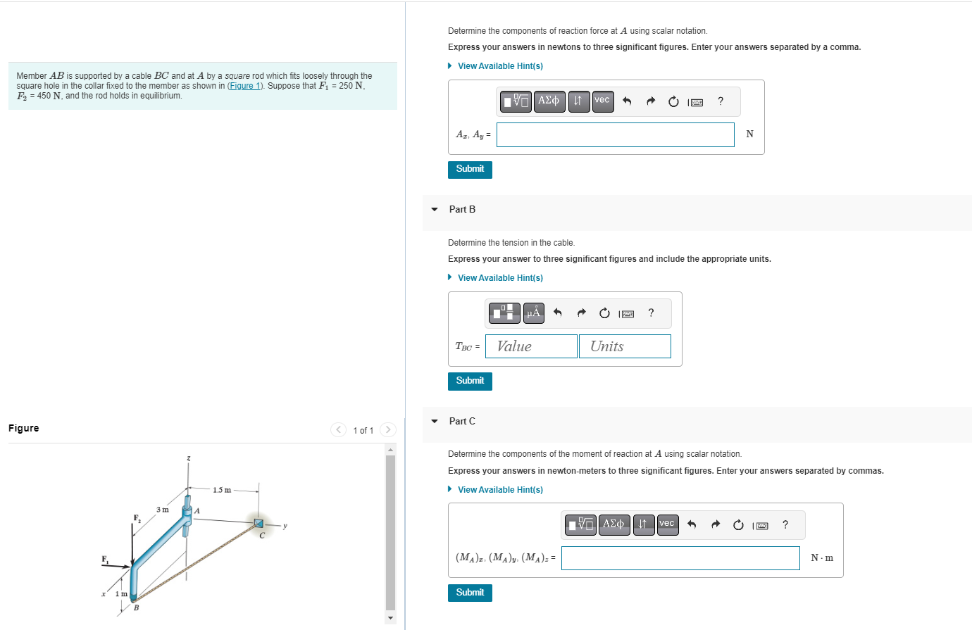 Determine the components of reaction force at \( A \) using scalar notation.
Express your answers in newtons to three signifi