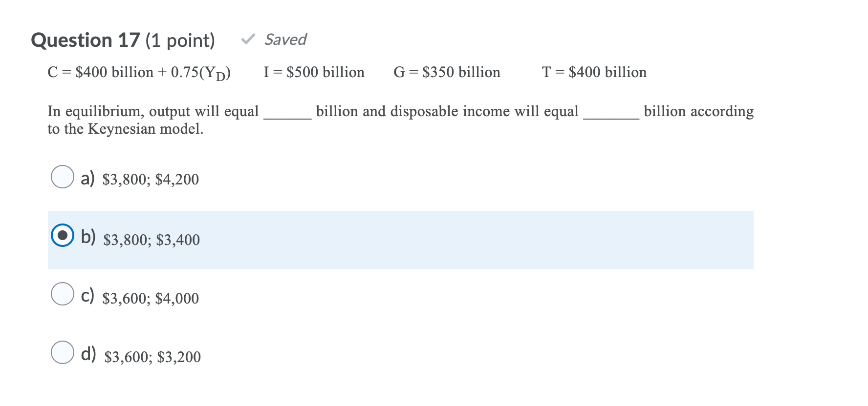 Solved Question 19 (1 point) C = $400 billion +0.75(YD) I= | Chegg.com