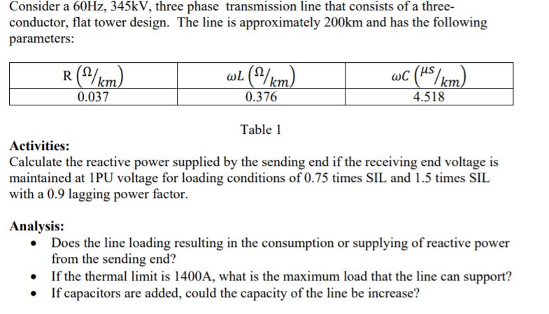 Consider a 60Hz, 345kV, three phase transmission line | Chegg.com