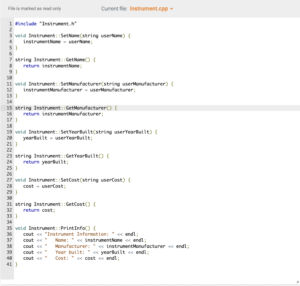 Solved 10.28 LAB: Instrument information Given main() and | Chegg.com