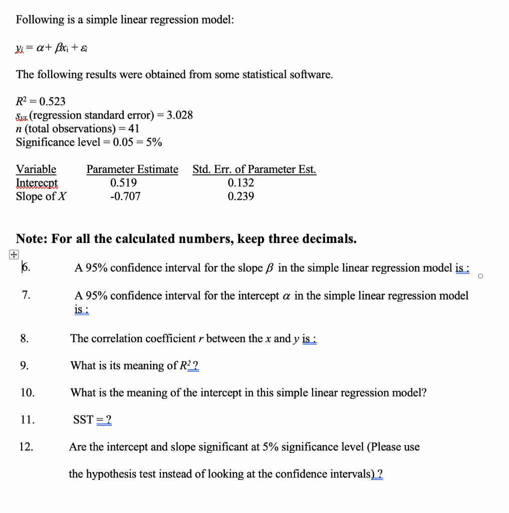 Solved Following is a simple linear regression model: Vi = | Chegg.com