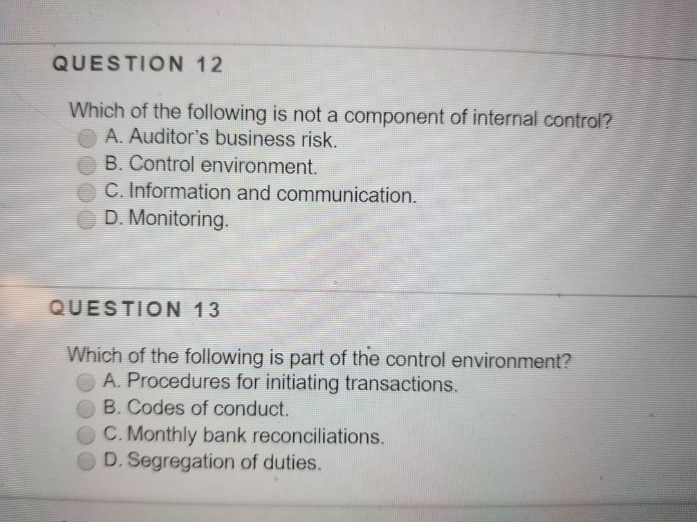 Which Of The Following Is True Of Internal Control Solved QUESTION 10 Which of the following elements is not a | Chegg.com