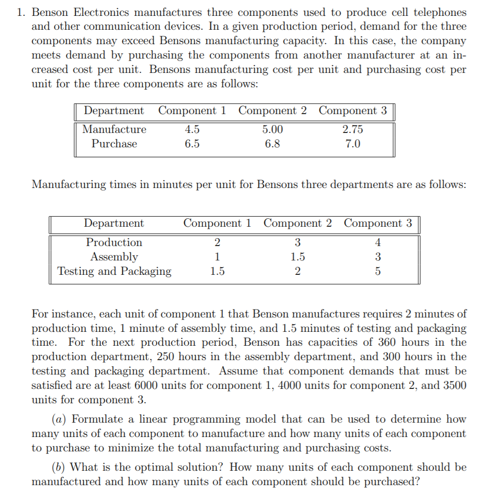 Solved 1. Benson Electronics manufactures three components