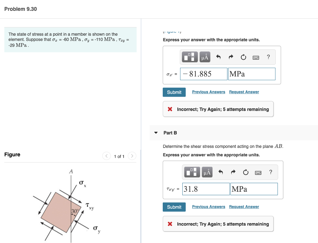 Solved Problem 9.30 "TI" The state of stress at a point in a | Chegg.com