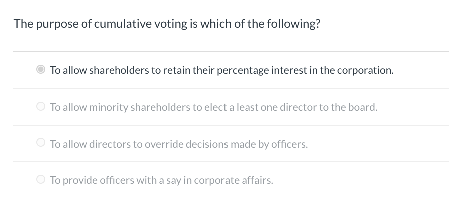Solved The purpose of cumulative voting is which of the | Chegg.com