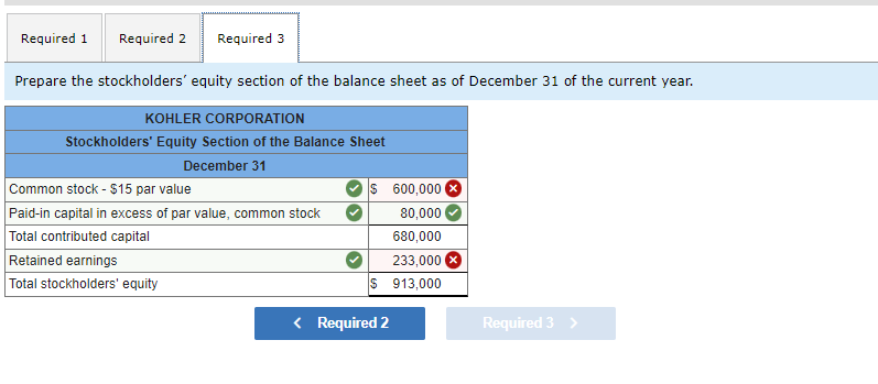 Required 1 Required 2 Required 3
Prepare the stockholders equity section of the balance sheet as of December 31 of the curre