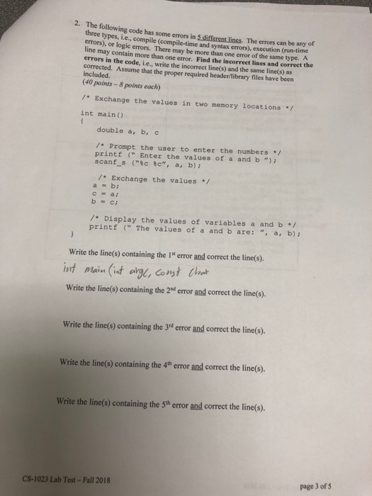 Solved 2. The following code has some errors in 5 different | Chegg.com