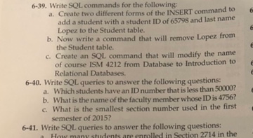 Solved 6-39. Write SQL commands for the following: a. Create | Chegg.com
