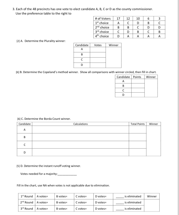 Solved 3. Each of the 48 precincts has one vote to elect | Chegg.com