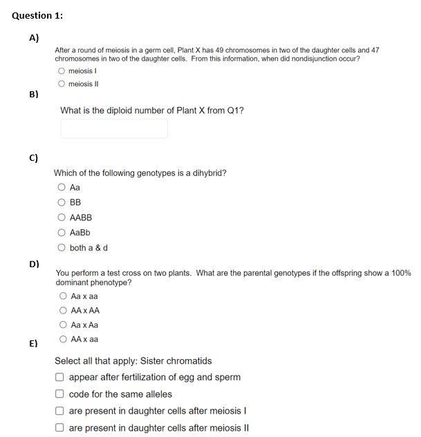 Solved Question 1: A) After a round of meiosis in a germ | Chegg.com