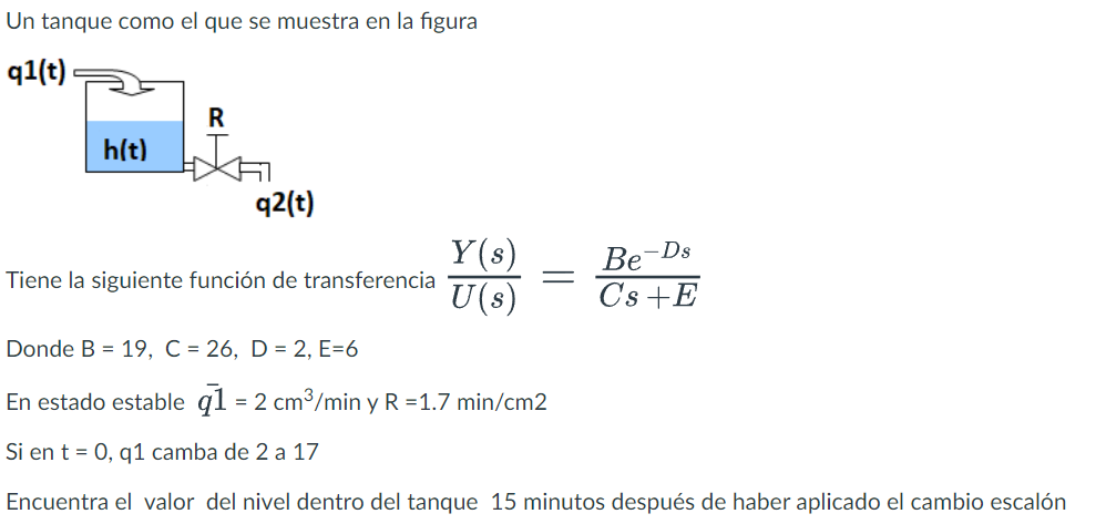 Un tanque como el que se muestra en la figura Tiene la siguiente función de transferencia \( \frac{Y(s)}{U(s)}=\frac{B e^{-D