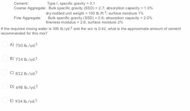 Solved Use The ACI Method To Design A Concrete Mix For The | Chegg.com