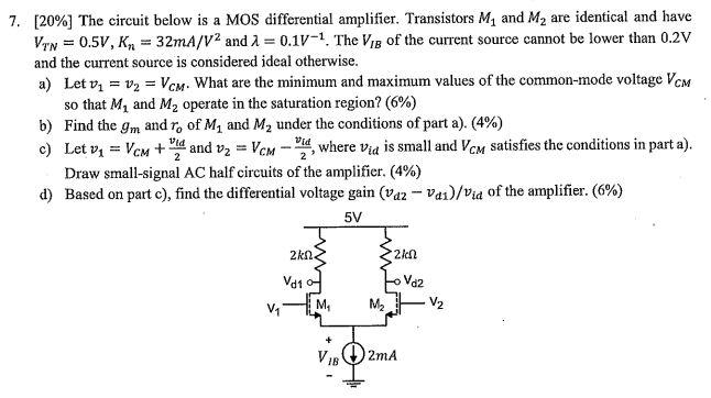 7. [20\%] The circuit below is a MOS differential | Chegg.com