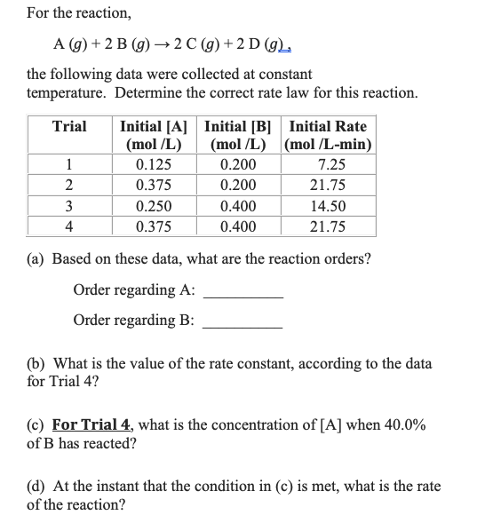 Solved For The Reaction, A (9) + 2 B (g) →2C (g) + 2 D (9 | Chegg.com