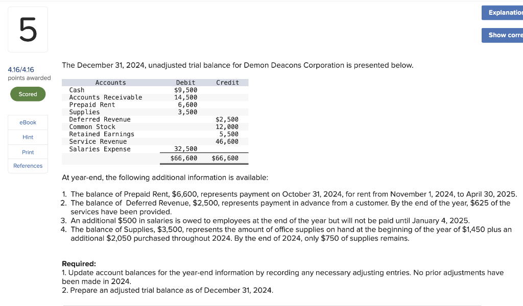 Solved The December 31, 2024, unadjusted trial balance for