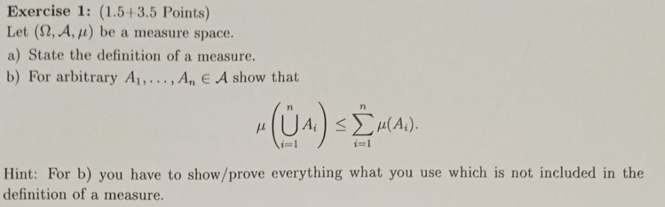 Solved Exercise 1: (1.5+3.5 Points) Let (Ω,A,μ) be a measure | Chegg.com