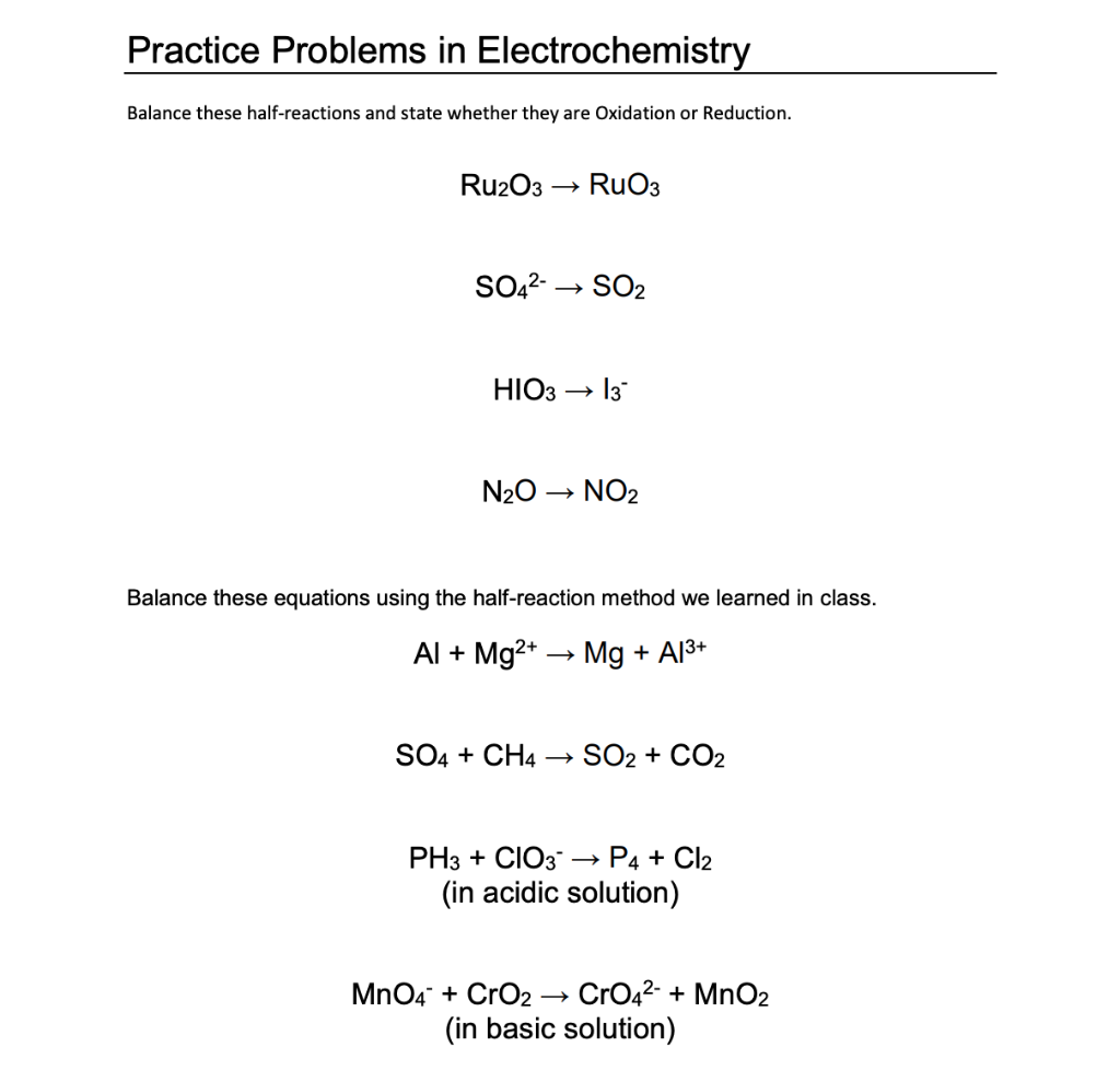 Solved Practice Problems in Electrochemistry Balance these | Chegg.com