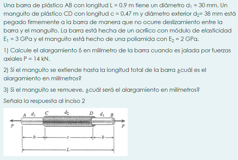 Una barra de plástico \( A B \) con longitud \( L=0.9 \mathrm{~m} \) tiene un diámetro \( \mathrm{d}_{1}=30 \mathrm{~mm} \).