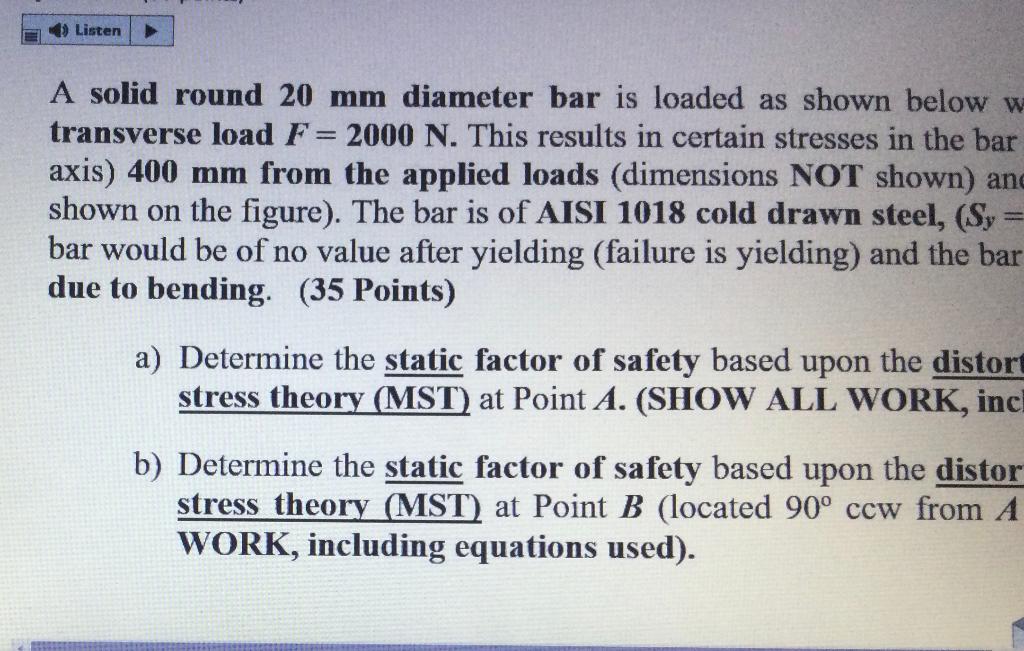 Solved Listen A solid round 20 mm diameter bar is loaded as | Chegg.com