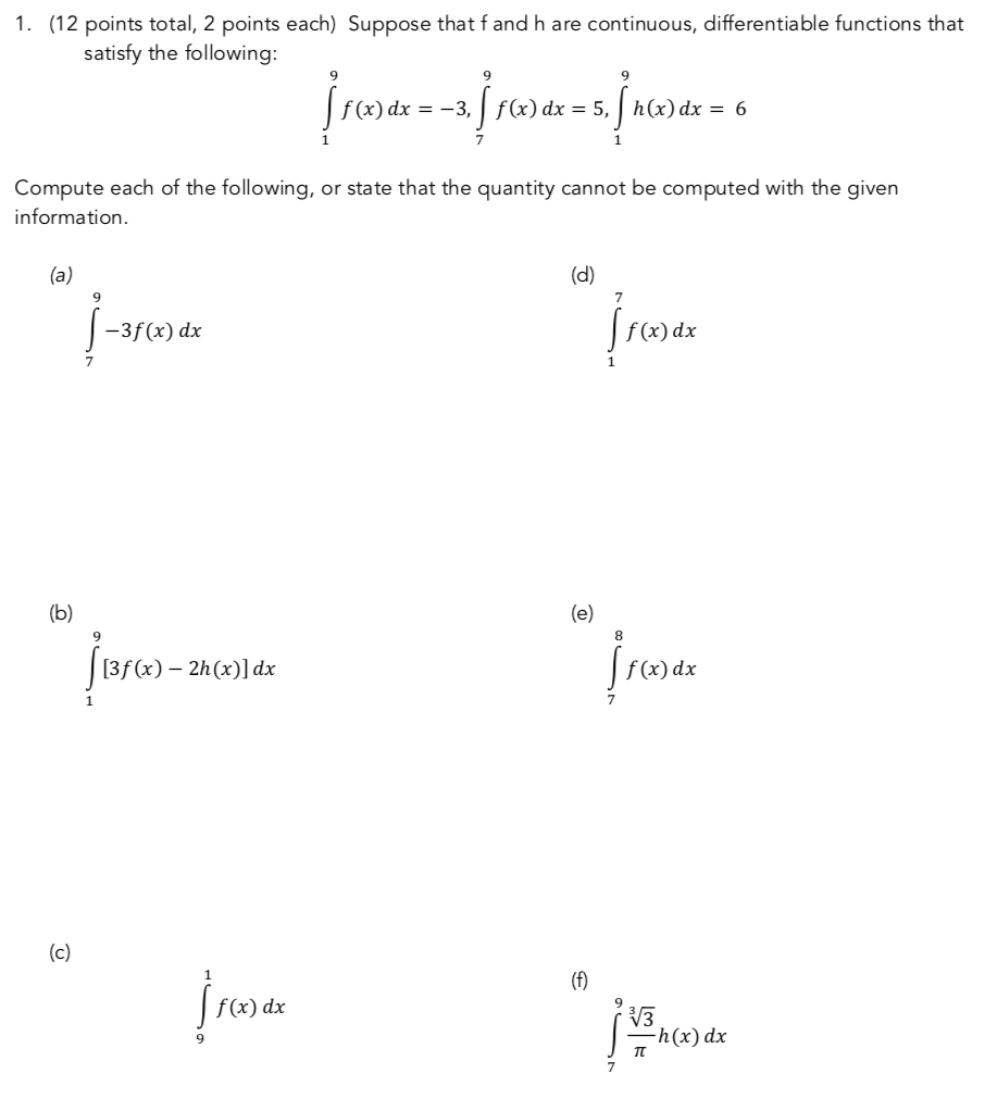 Solved 1. 12 points total, 2 points each) Suppose that f and | Chegg.com