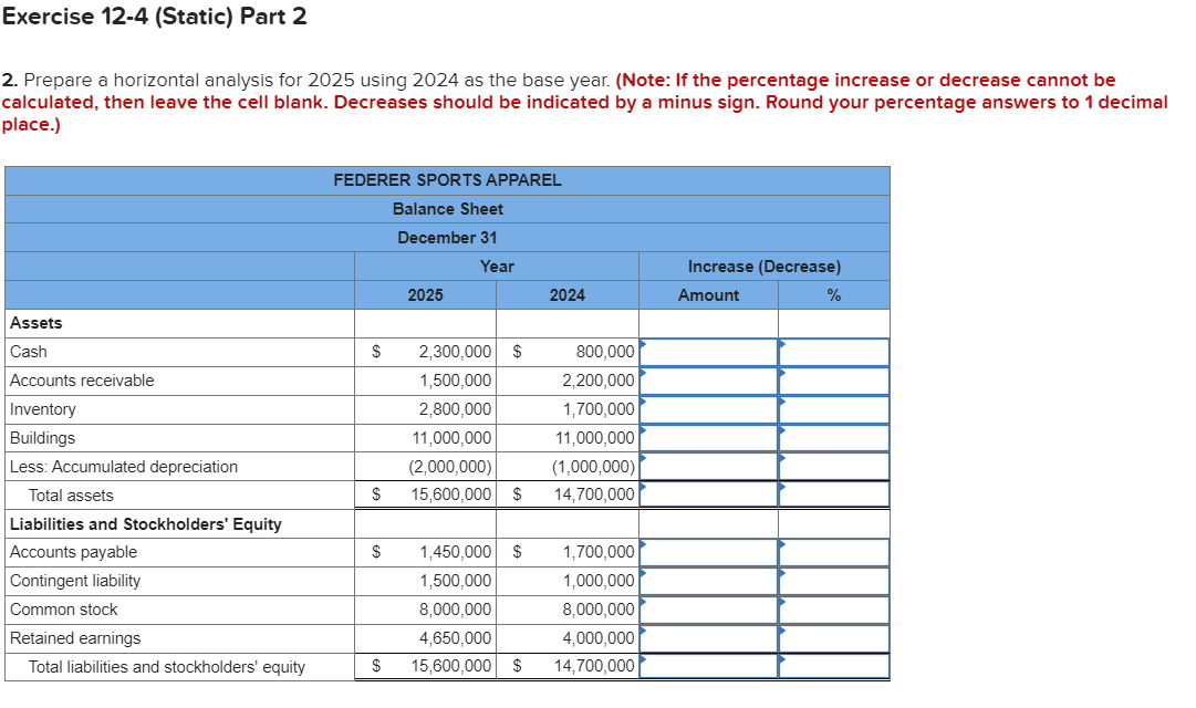 Solved 2. Prepare a horizontal analysis for 2025 using 2024