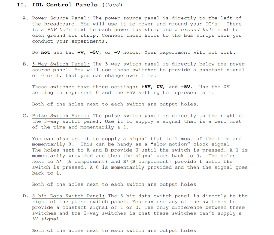 Section II. IDL Control Panels lists all the inputs | Chegg.com