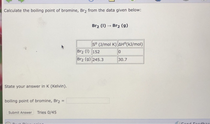 Solved Calculate The Boiling Point Of Bromine Br2 From The 9420