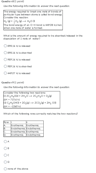 Solved Question a (1 point) Use the following information to | Chegg.com