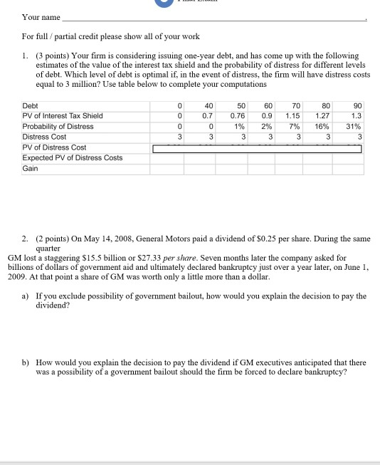 Solved Y our name For full partial credit please show all of