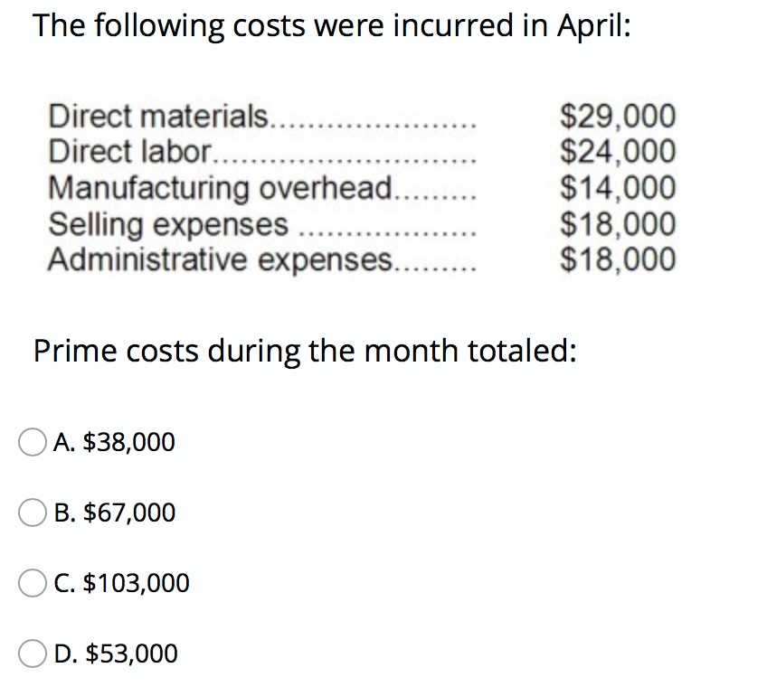 Solved The following costs were incurred in April Direct