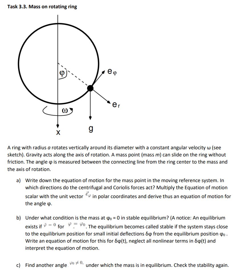 Solved Task 3.3. Mass on rotating ring A ring with radius a | Chegg.com