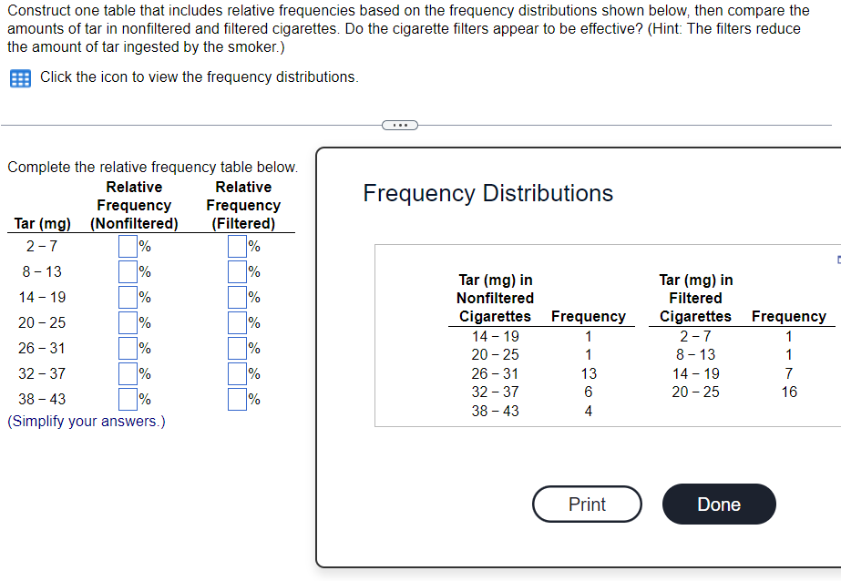 Construct one table that includes relative frequencies based on the frequency distributions shown below, then compare the
amo